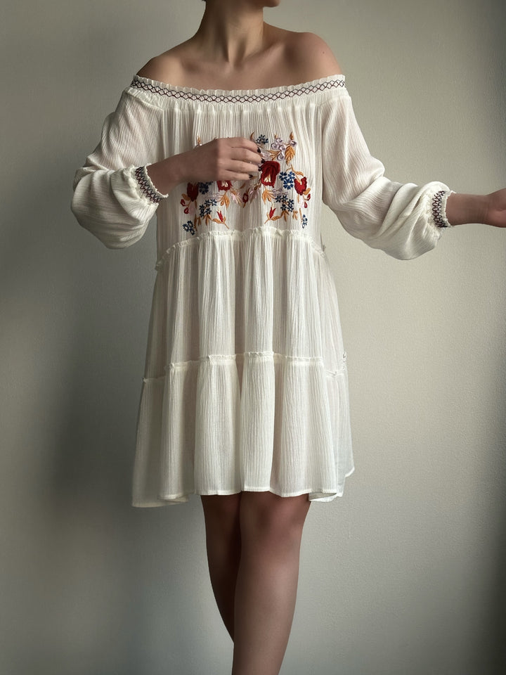 Off-Shoulder Flower Embroidered Beach Cover-Up Dress