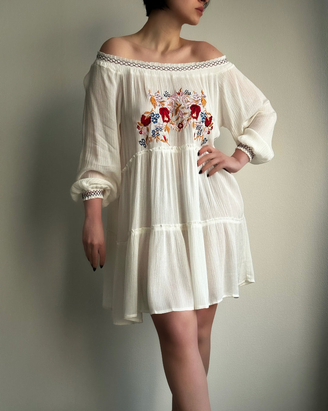 Off-Shoulder Flower Embroidered Beach Cover-Up Dress