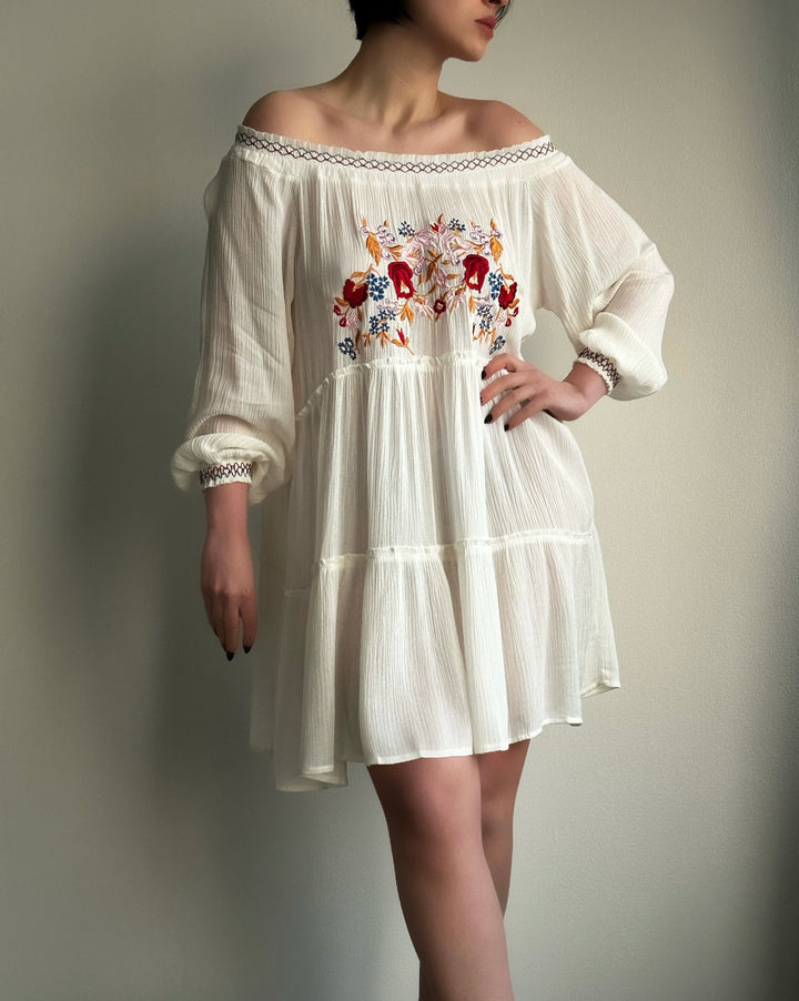 Off-Shoulder Flower Embroidered Beach Cover-Up Dress