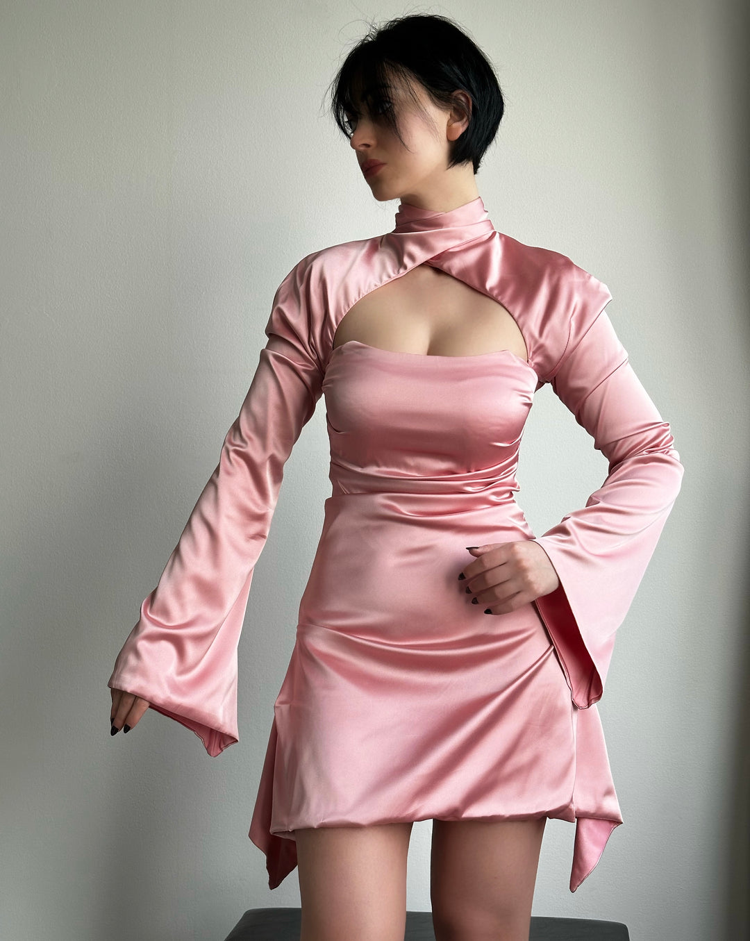 Mock Neck Cutout Satin Dress